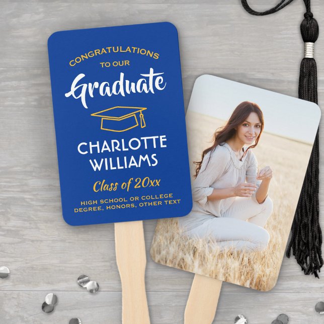 1 Photo Graduation Elegant Royal Blue Gold Yellow Hand Fan (Creator Uploaded)