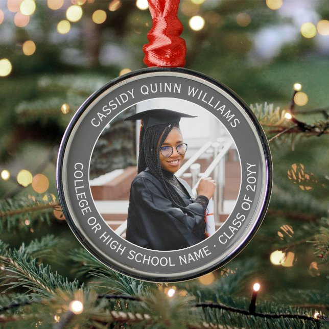 1 Photo Graduation Elegant Simple Grey and White Metal Ornament (Creator Uploaded)