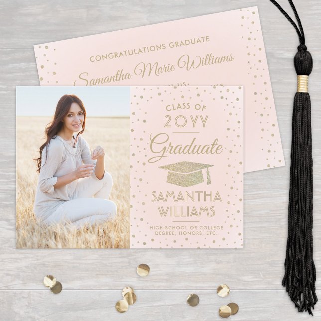 1 Photo Graduation Modern Blush Pink Gold Glitter Invitation (Creator Uploaded)