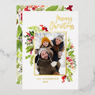 1 photo green foliage merry christmas foil holiday card