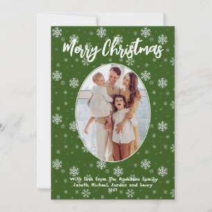 1 Photo Green Snowflakes Modern Merry Christmas Holiday Card