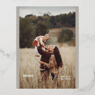 1 Photo Handwritten Minimalist Modern Real Silver Foil Holiday Postcard