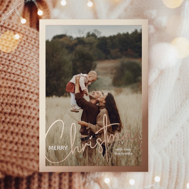 1 Photo Handwritten Script Merry Christmas Foil Holiday Postcard (Creator Uploaded)