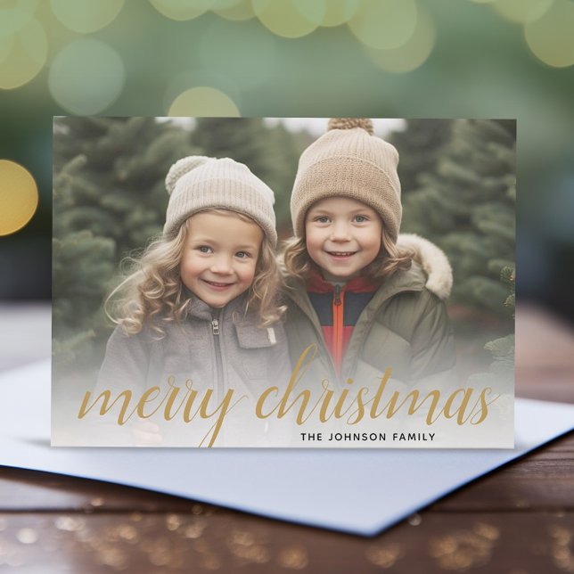 1 Photo Merry Christmas Script Gold Damask Holiday Card (Add 1 photo to this festive Christmas Photo Card with 1 large photo and a modern script type.)