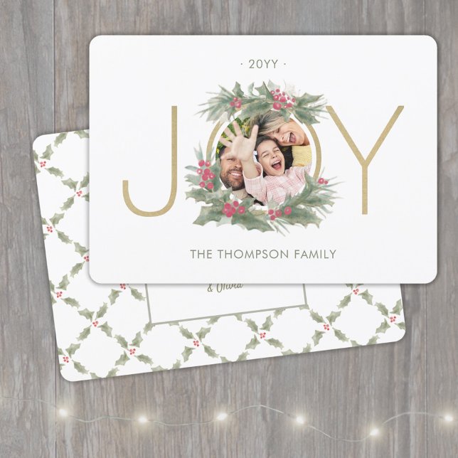 1 Photo Modern JOY Vintage Watercolor Holly Wreath Holiday Card (Creator Uploaded)