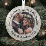 1 Photo Mr & Mrs 1st Christmas Elegant Faux Marble Glass Ornament<br><div class="desc">Celebrate a joyful 1st holiday as a married couple with a custom photo "Our First Christmas as Mr. & Mrs." round glass faux marble ornament. Picture and all text on this template are simple to personalize. (IMAGE & TEXT DESIGN TIPS: 1) To adjust position of wording, add spaces at beginning...</div>