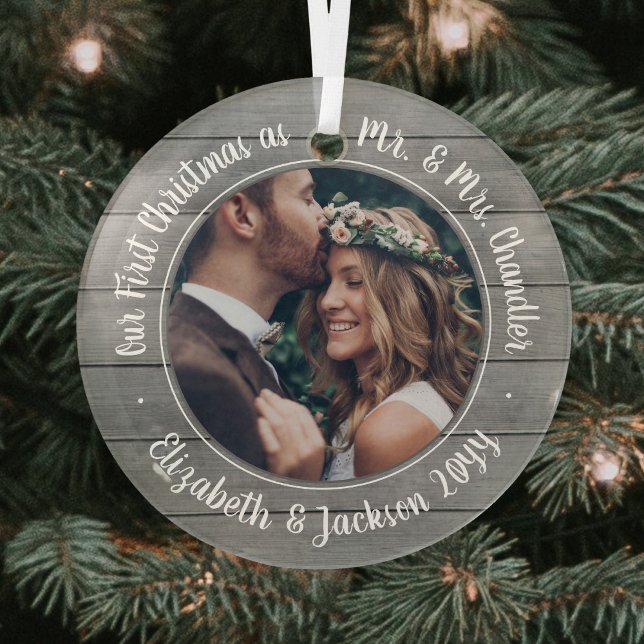 1 Photo Mr & Mrs First Christmas Faux Grey Wood Glass Ornament (Creator Uploaded)