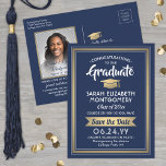 1 Photo Navy Blue & Gold Graduation Save the Date Announcement Postcard<br><div class="desc">Share the joyful news of your upcoming graduation party as well as a favourite picture with these elegant navy blue, white and gold save the date postcard invitations. Photo and all text are simple to customize. (IMAGE PLACEMENT TIP: An easy way to centre a photo exactly how you want is...</div>