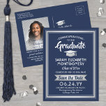 1 Photo Navy Blue & White Graduation Save the Date Announcement Postcard<br><div class="desc">Share the joyful news of your upcoming graduation party as well as a favourite picture with these elegant navy blue, white and faux silver save the date postcard invitations. (IMAGE PLACEMENT TIP: An easy way to centre a photo exactly how you want is to crop it before uploading to the...</div>