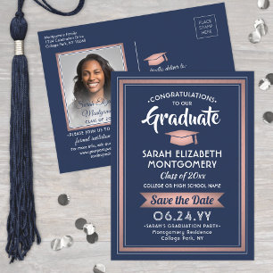 1 Photo Navy & Rose Gold Graduation Save the Date Announcement Postcard