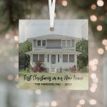 1 Photo New Home 1st Christmas Simple Black Scrip Glass Ornament<br><div class="desc">Celebrate the joy of your new place with a custom photo "First Christmas in our New Home" square glass ornament. Picture and all wording on this template are simple to personalize. The modern minimalist black and white overlay design features one image of your choice and a handwritten style script typography...</div>