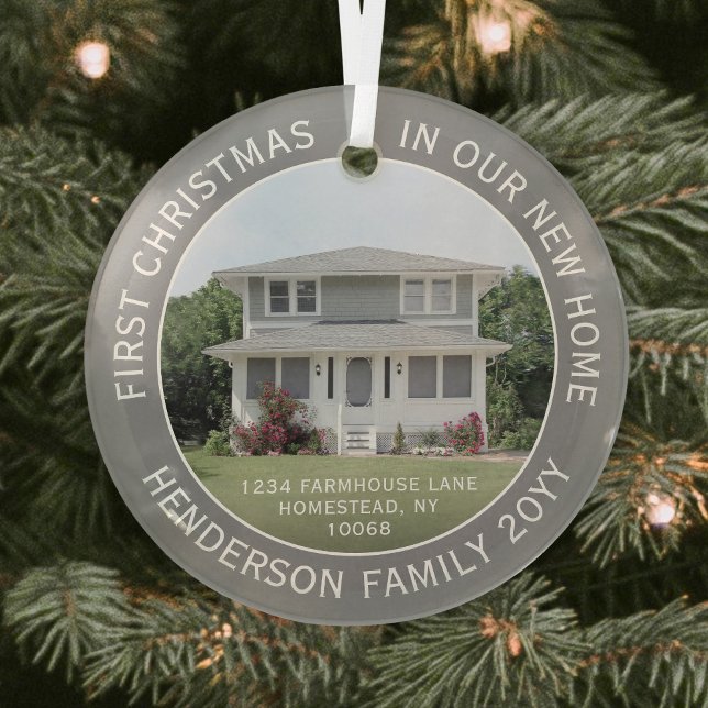 1 Photo New Home Address First Christmas Gray Glass Ornament (Creator Uploaded)