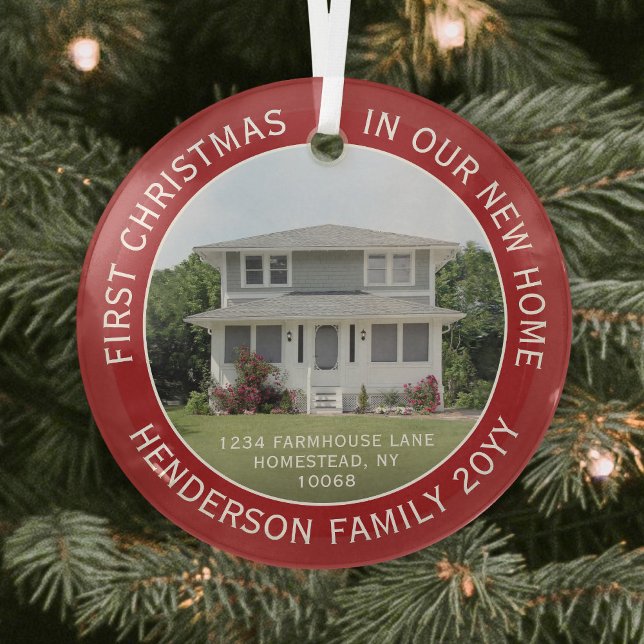 1 Photo New Home Address First Christmas Red Glass Ornament (Creator Uploaded)