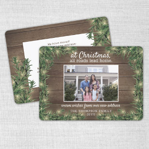  1 Photo New Home Rustic Wood Pine & String Lights Holiday Card