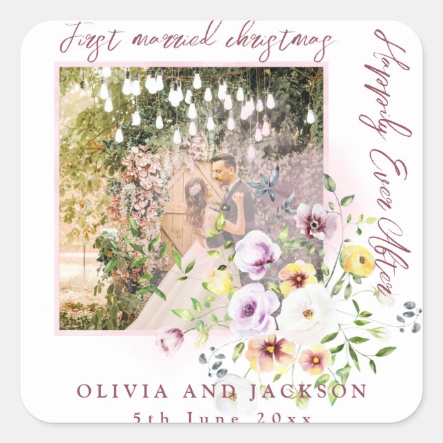 1 Photo Newlyweds 1st Married Christmas Pink Text Square Sticker (Front)