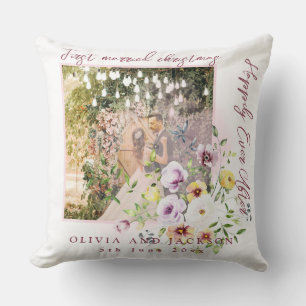 1 Photo Newlyweds 1st Married Christmas Pink Text Throw Pillow