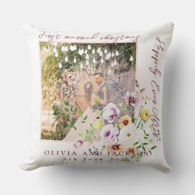 1 Photo Newlyweds 1st Married Christmas Pink Text Throw Pillow (Front)