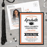 1 Photo Orange and Black Graduation Save the Date Announcement Postcard<br><div class="desc">Share the joyful news of your upcoming graduation party as well as a favourite picture with these orange, black and white save the date postcard invitations. Photo and all text are simple to customize. (IMAGE PLACEMENT TIP: An easy way to centre a photo exactly how you want is to crop...</div>