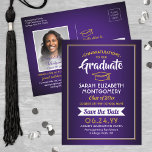 1 Photo Purple and Gold Graduation Save the Date Announcement Postcard<br><div class="desc">Share the joyful news of your upcoming graduation party as well as a picture with these purple, gold, and white save the date postcard invitations. Photo and all text are simple to customize. (IMAGE PLACEMENT TIP: An easy way to centre a photo exactly how you want is to crop it...</div>