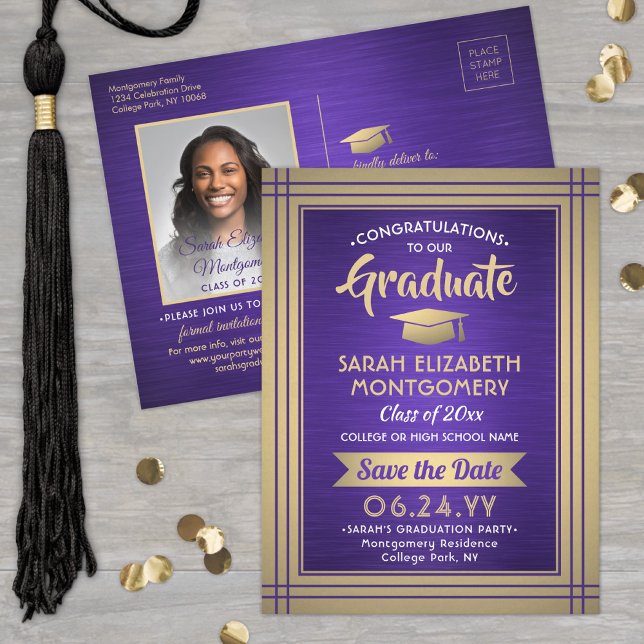 1 Photo Purple Gold White Graduation Save the Date Announcement Postcard (Creator Uploaded)