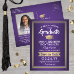 1 Photo Purple Gold White Graduation Save the Date Announcement Postcard<br><div class="desc">Share the joyful news of your upcoming graduation party as well as a favourite picture with these elegant purple, gold and white save the date postcard invitations. Photo and all text are simple to customize. (IMAGE PLACEMENT TIP: An easy way to centre a photo exactly how you want is to...</div>