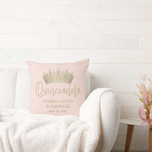 1 Photo Quinceañera Blush Pink & Gold Keepsake Throw Pillow