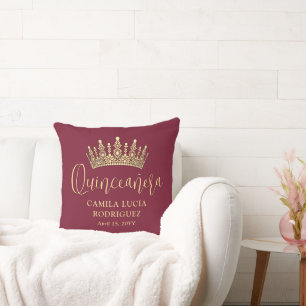 1 Photo Quinceañera Crown Burgundy & Gold Keepsake Throw Pillow