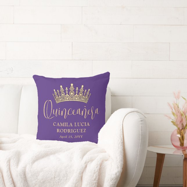 1 Photo Quinceañera Crown Purple and Gold Keepsake Throw Pillow (Couch)