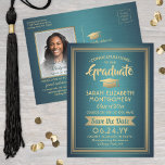 1 Photo Teal Gold Modern Graduation Save the Date Announcement Postcard<br><div class="desc">Share the joyful news of your upcoming graduation party as well as a favourite picture with these elegant teal and gold faux metallic save the date postcard invitations. Photo and all text are simple to customize. (IMAGE PLACEMENT TIP: An easy way to centre a photo how you want is to...</div>