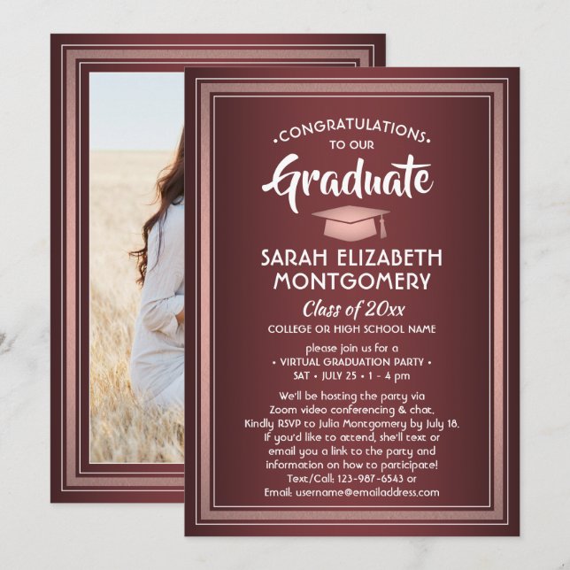 1 Photo Virtual Graduation Burgundy Pink Rose Gold Invitation (Front/Back)