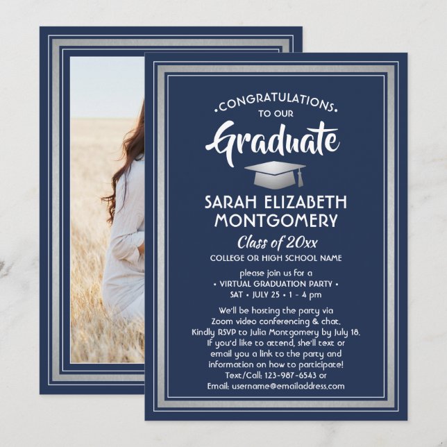 1 Photo Virtual Graduation Navy Blue White Silver Invitation (Front/Back)