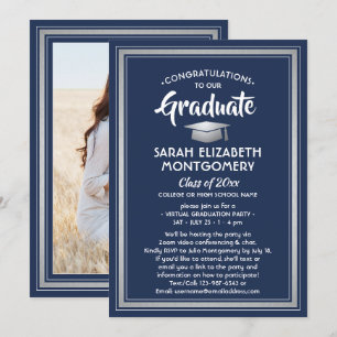 1 Photo Virtual Graduation Navy Blue White Silver Invitation