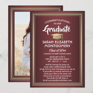 1 Photo Virtual Graduation Party Burgundy and Gold Invitation
