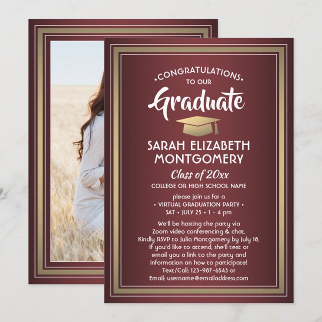 1 Photo Virtual Graduation Party Burgundy and Gold Invitation (Front/Back)