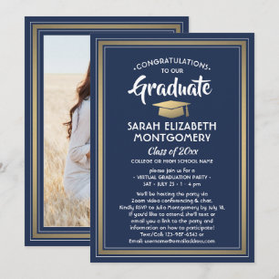 1 Photo Virtual Graduation Party Navy Blue & Gold Invitation