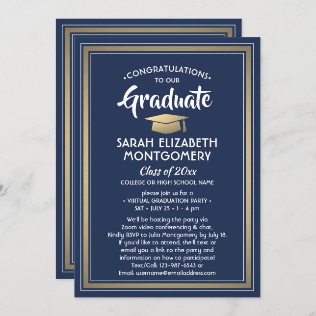 1 Photo Virtual Graduation Party Navy Blue & Gold Invitation (Front/Back)