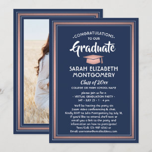 1 Photo Virtual Graduation Party Navy Blue & Pink Invitation