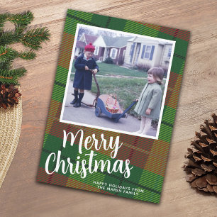 1 Photo with Script and Retro Plaid Pattern green Holiday Card