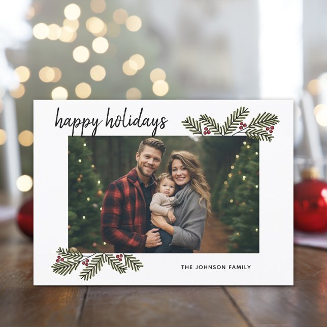 1 Photo with Whimsical Pine Branches Calligraphy Holiday Card (1 Photo - modern online Christmas Card with whimsical branches)