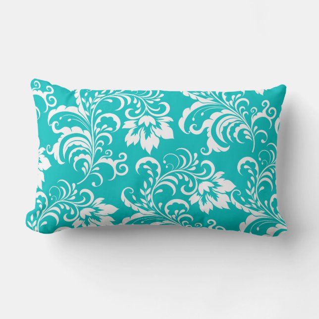 1 Pillow Teal Blue White Damask Floral (Front)
