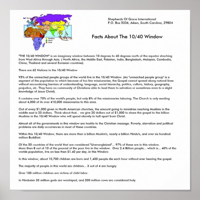 1 Poster - Facts about the 10/40 Window (Front)