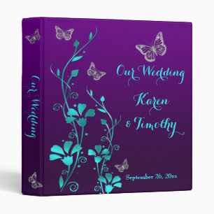 1" Purple, Teal Floral, Butterfly Wedding Binder