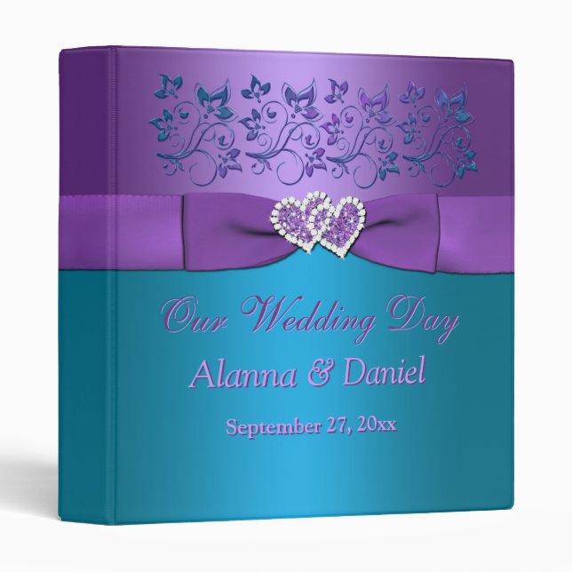 1" Purple, Teal Floral, Hearts Wedding BINDER (Front/Spine)