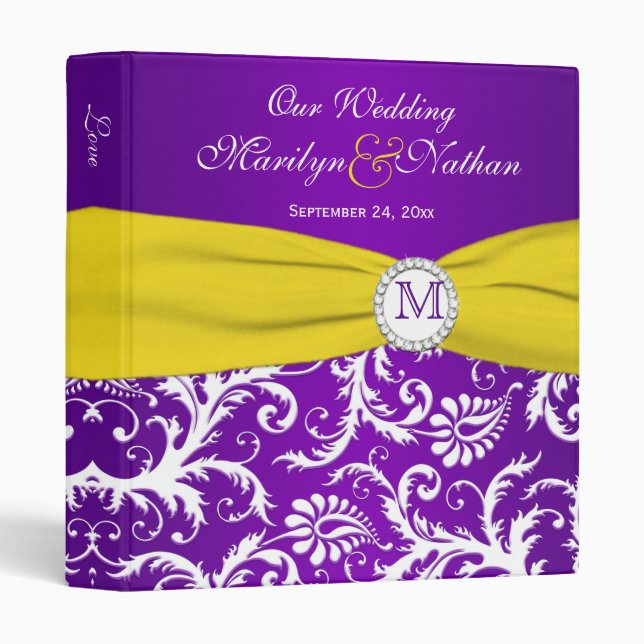1" Purple Yellow White Damask Wedding Binder (Front/Spine)