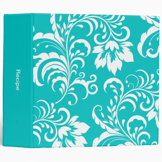 1 Recipe Teal Blue White Damask Floral Binder (Front/Spine)