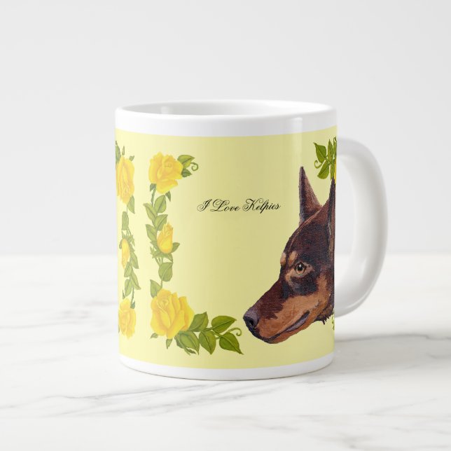 1 Red, 1 Black Australian Kelpie on Yellow Roses Large Coffee Mug (Front Right)
