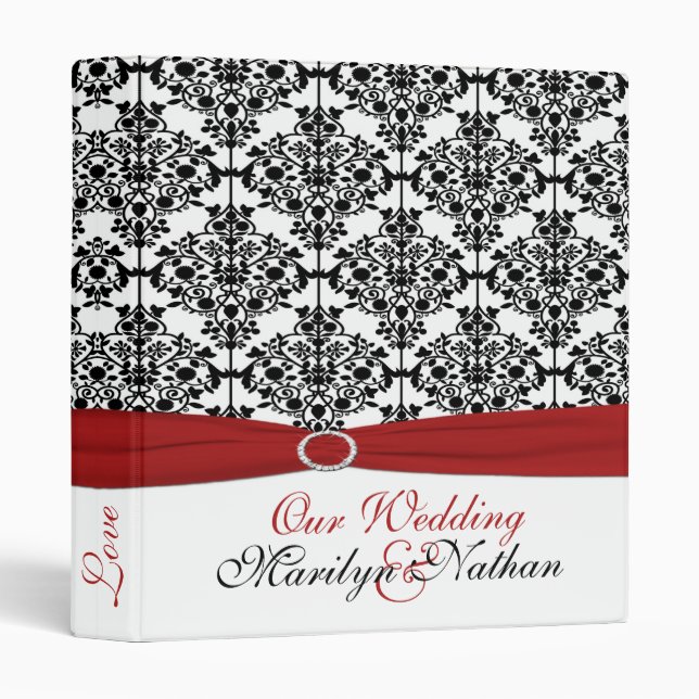 1" Red, White and Black Damask Wedding Binder (Front/Spine)