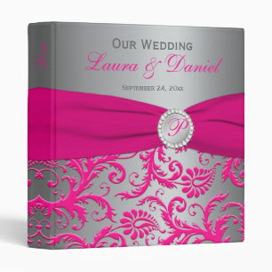 1" Silver/Grey and Pink Damask Wedding Binder