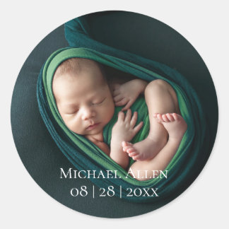 1 Sticker rond Faire-part de naissance photo bébé