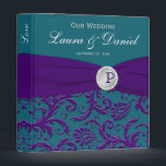 1" Teal and Purple Damask Wedding Binder<br><div class="desc">This monogrammed teal blue and purple wedding planner binder, photo album, or guest book has a PRINTED ribbon and crystal jewel FAUX engraved brooch on it. If you would like matching invitations, guest book stationery, or any other items, or if you need any assistance customizing this with your own information,...</div>